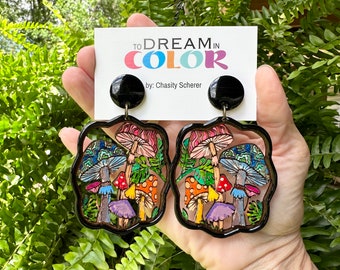 Hand Painted Mushroom Earrings: Lightweight Basswood, Nickel-Free Hooks