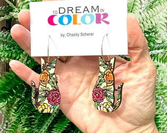 Cat Earrings, Flower Cat Earrings, Hand Painted Earrings, Statement Earrings, Wood Earrings, Handmade Earrings, Bold Earrings