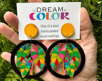 Tropical Leaf Statement Earrings: Hand-Painted Wood, Colorful Jewelry