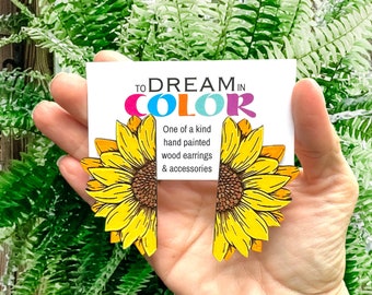 Sunflower Earrings – Hand Painted Lightweight Wood Statement Jewelry – Bright Bold