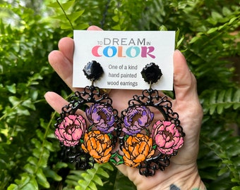 Hand Painted Peony Earrings