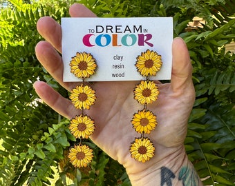 Sunflower Statement Earrings – Long Lightweight Hand Painted Wood Earrings – Clip-On Option – Summer Floral Jewelry