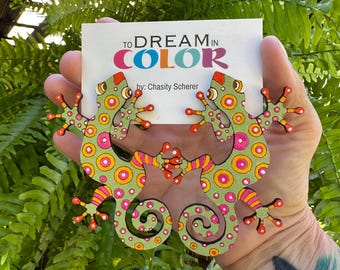 Hand-Painted Gecko Statement Earrings