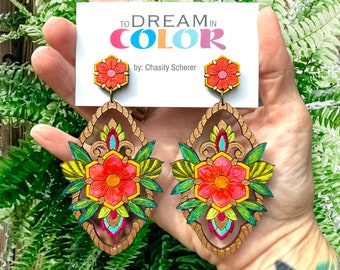 Handmade Colorful Flower Earrings: Lightweight Wood Medallion
