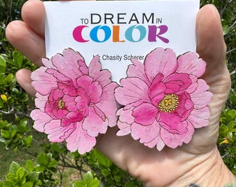 Hand-Painted Peony Statement Earrings