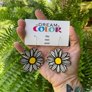 Daisy Hoop Earrings: Hand-Painted Laser Cut Wood, Hypoallergenic