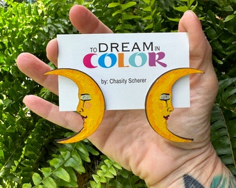 Handmade Crescent Moon Dangle Earrings: Painted Wood Statement Jewelry