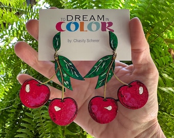 Cherry Earrings – Hand Painted Wood Statement Jewelry – Bold Earrings - Retro Fruit Lovers