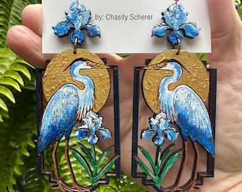 Hand-Painted Heron Earrings: Floral Bayou Art Jewelry, Lightweight Wood