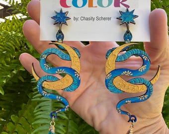 Hand-Painted Celestial Snake Statement Earrings
