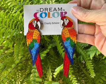 Hand-Painted Wood Parrot Earrings: Tropical Macaw Statement Jewelry