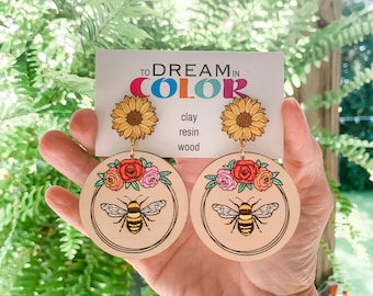 Bold Bee Earrings, Hand Painted Earrings, Bright Wood Earrings, Colorful Earrings, Large Earrings, Dangle Earrings, Wooden Earrings