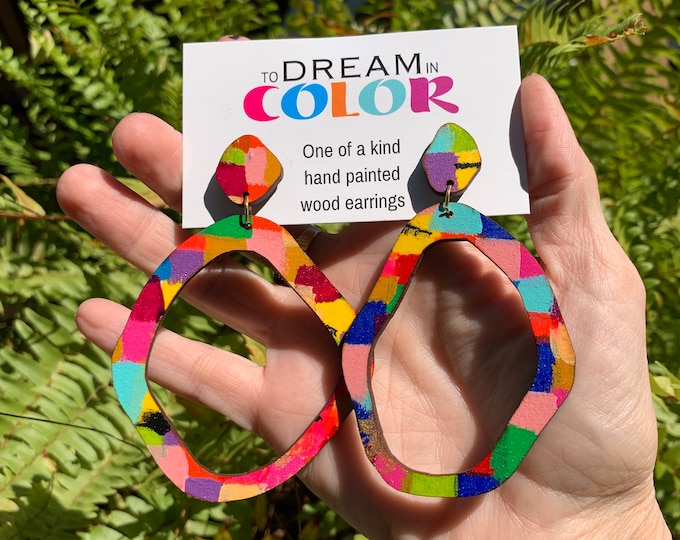 Hand Painted Wood Hoop Earrings: Bold Multicolored Dangle Earrings