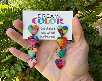 Hand-Painted Heart Dangle Earrings: Bold Laser Cut Wood
