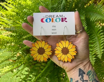 Sunflower Earrings – Hand Painted Wood Statement Jewelry – Big Bold Lightweight Colorful Earrings