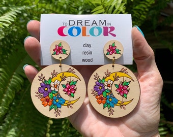 Hand-Painted Crescent Moon Earrings: Floral Wooden Boho Jewelry