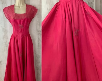 EMMA DOMB 1940s Party Lines Magenta/Hot Pink Taffeta Gown Appliqué XS/S