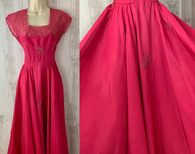 EMMA DOMB 1940s Party Lines Magenta/Hot Pink Taffeta Gown Appliqué XS/S