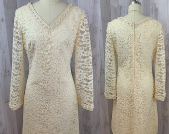 EMMA DOMB Dress 1960s Wedding Gown Vintage Designer Ivory Lace Overlay S/M