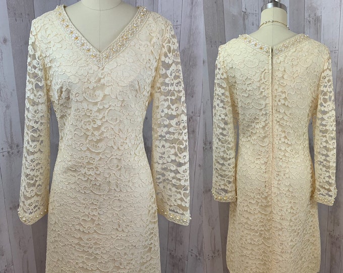 EMMA DOMB Dress 1960s Wedding Gown Vintage Designer Ivory Lace Overlay S/M