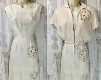 1940s Vintage 2PC Party Dress White Beaded Appliqué Pinup Rockabilly Silk Small