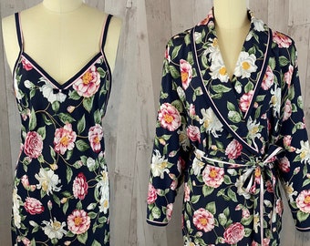 DIOR Vintage 1980s 2PC Miss Dior Set Floral Nightgown/Robe Small