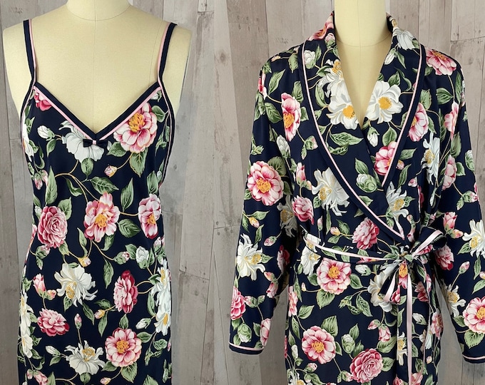 DIOR Vintage 1980s 2PC Miss Dior Set Floral Nightgown/Robe Small