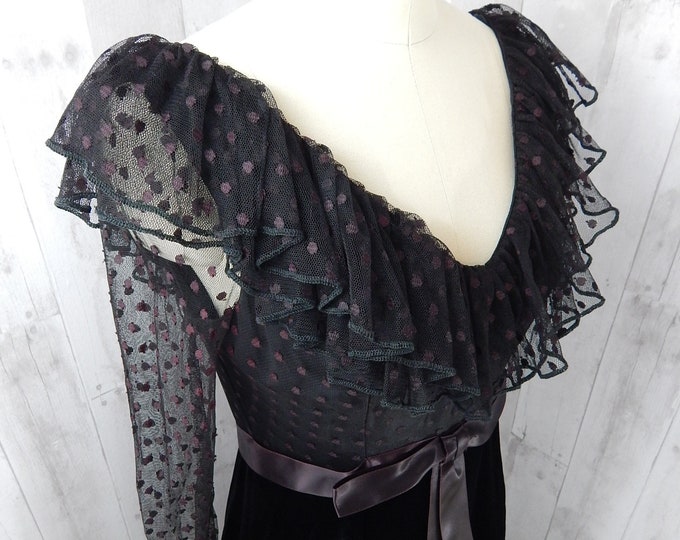 1960s Magnin VINTAGE Evening Gown~BLACK VELVET Polka Dot Ruffled Lace Small
