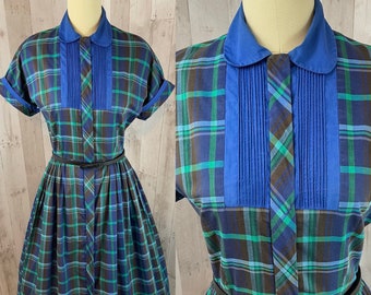 1950s Vintage Cotton Frock Blue & Green Plaid “Betty Barclay” Crinoline Aline Novelty Day Dress Medium