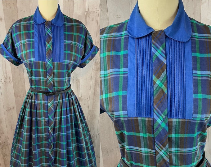 1950s Vintage Cotton Frock Blue & Green Plaid “Betty Barclay” Crinoline Aline Novelty Day Dress Medium