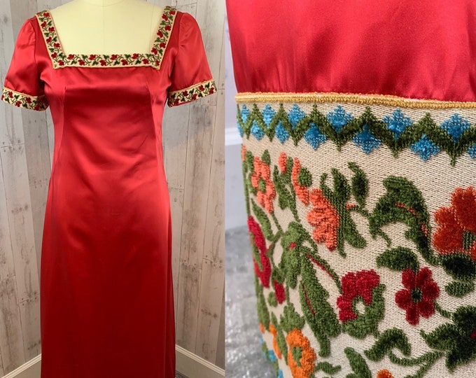 EMMA DOMB 1970s Vintage Aline Satin Gown Tapestry Trim S/M