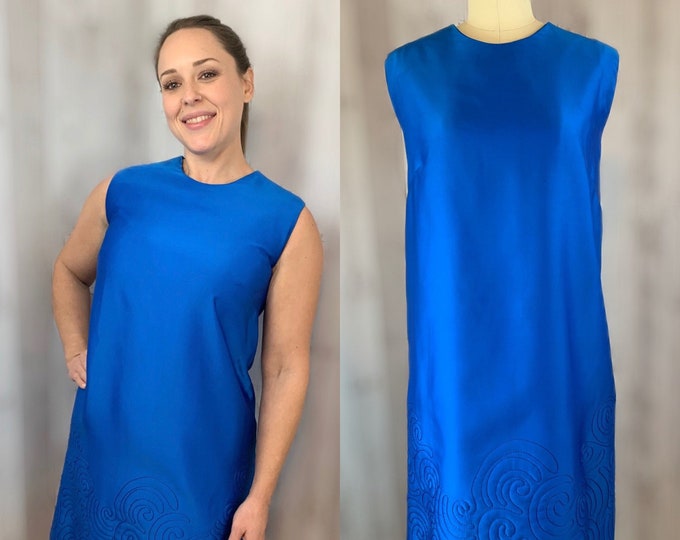 1960s British Vintage MOD Shift Dress~Electric Blue Satin S/M