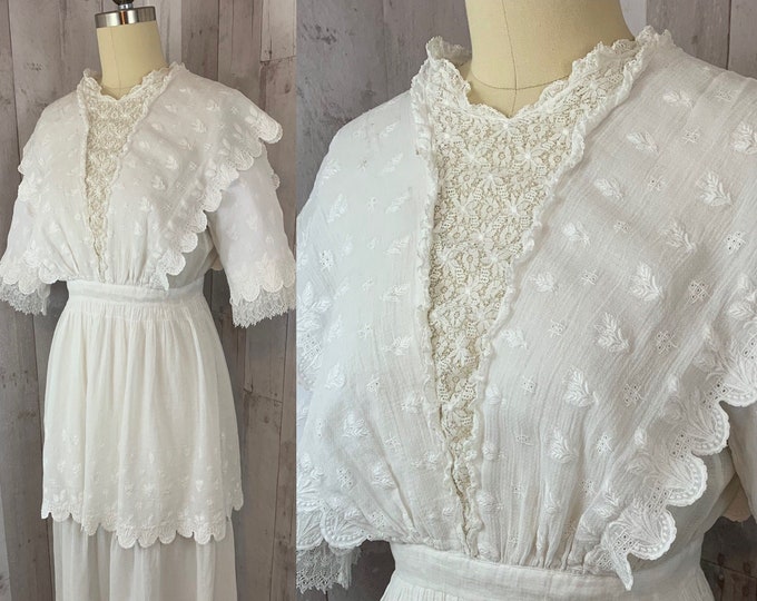 1900s-Antique White Edwardian Lawn DRESS Gown Tiered Cotton Very Rare!