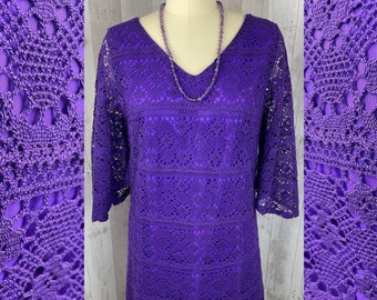 Vintage 1960s Knit Overlay GoGo Dress~Royal Purple Hippie Mod w/Fabulous Bell Sleeves L/XL