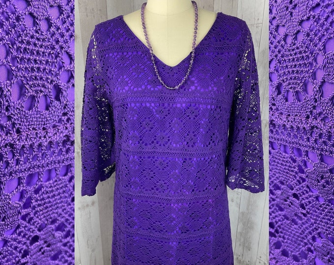 Vintage 1960s Knit Overlay GoGo Dress~Royal Purple Hippie Mod w/Fabulous Bell Sleeves L/XL