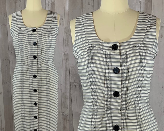 1940s Vintage Striped Day Dress~Gray/White Fitted Wiggle Pinup Rockabilly M/L