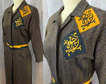 1940s Vintage DRESS~Brn/Blk Appliqué Sheath Pinup w/Belt Swiss Dot 34x26 Sml