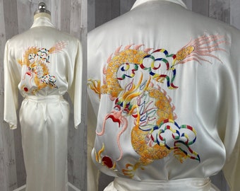 Vintage 1970s Embroidered Dragon Ivory Satin Robe M/L WOUNDED