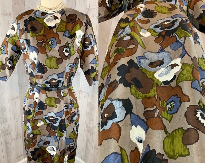 1950s Vintage DRESS Fitted Custom Silk Print Sheath 40s Small