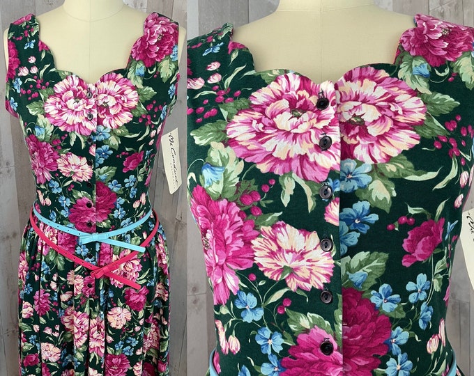 Vintage Dress 1980s NOS Cotton Floral Garden Summer Frock M/L