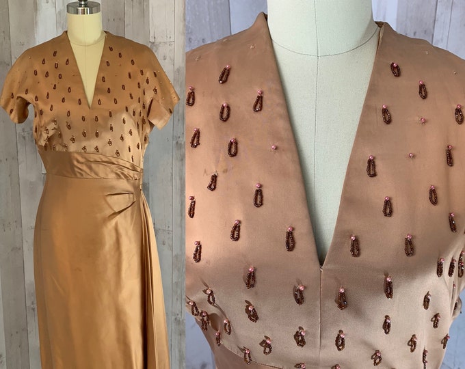 1940s Vintage Copper Liquid Satin Party Dress S/M WOUNDED