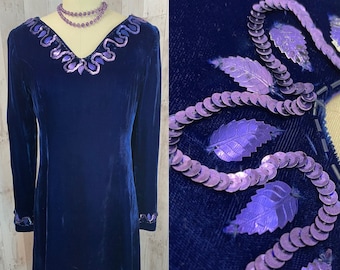 Vintage 1960s Blue/Purple Velvet Mod Mini DRESS w/Sequins Retro GoGo S/35B