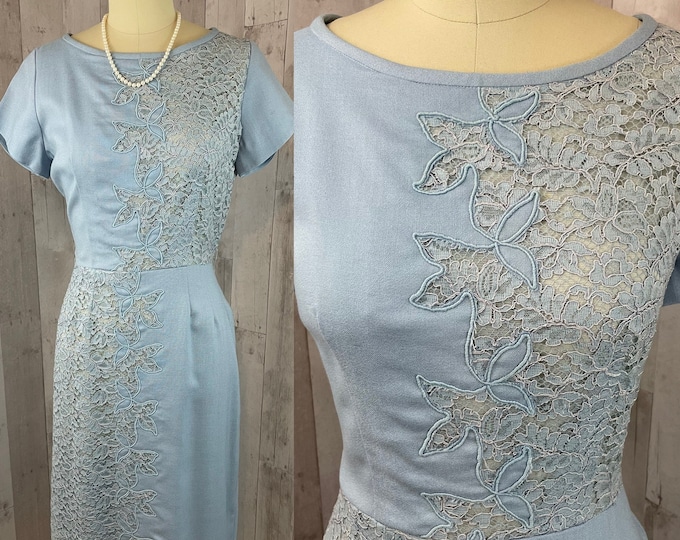 1950s Vintage Party Dress~French Blue Sheer Lace Appliqué Pinup Linen 1960s Small