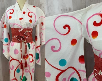 Vintage 1970s Japanese Yukata Summer Kimono Floral Cotton Ethnic Robe Small