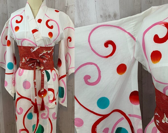 Vintage 1970s Japanese Yukata Summer Kimono Floral Cotton Ethnic Robe Small