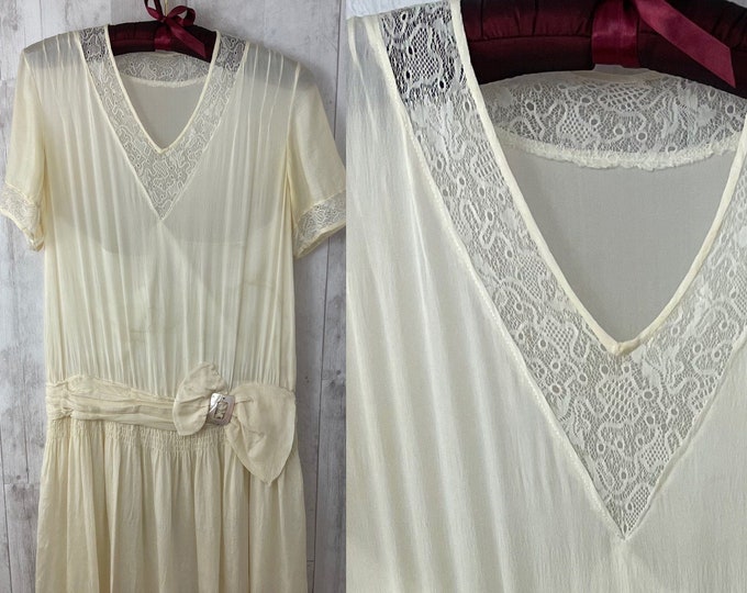 1920s Flapper Dress Antique White Silk Drop Waist Vintage Art Deco S WOUNDED
