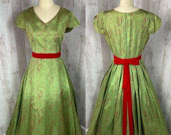 1930s Antique DRESS Green Paisley Satin Aline Ball Gown 1940s S/M