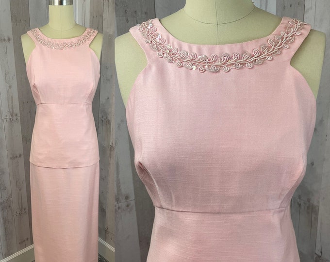 Vintage 1960s Dress Sequined Soutache 2PC Pink Small
