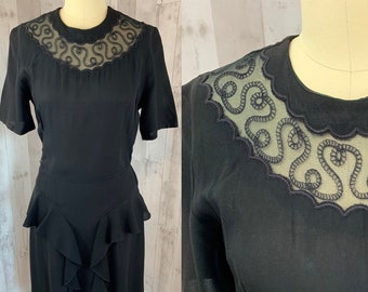 1940s Vintage Party Dress~Black Crepe WWII Pinup 1930s Medium