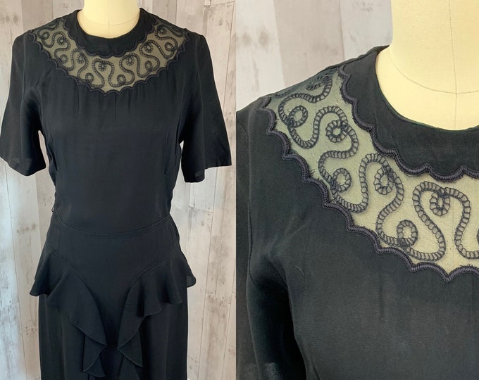 1940s Vintage Party Dress~Black Crepe WWII Pinup 1930s Medium